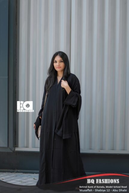 Midnight Elegance Abaya - Women's black modest Islamic dress with flowing sleeves and open front design