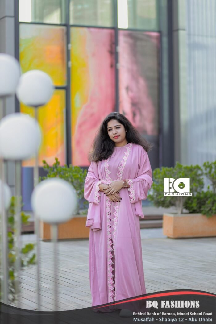 Rose Blossom Embroidered Abaya - Women's pink modest Islamic dress with delicate floral embroidery and flowing sleeves"