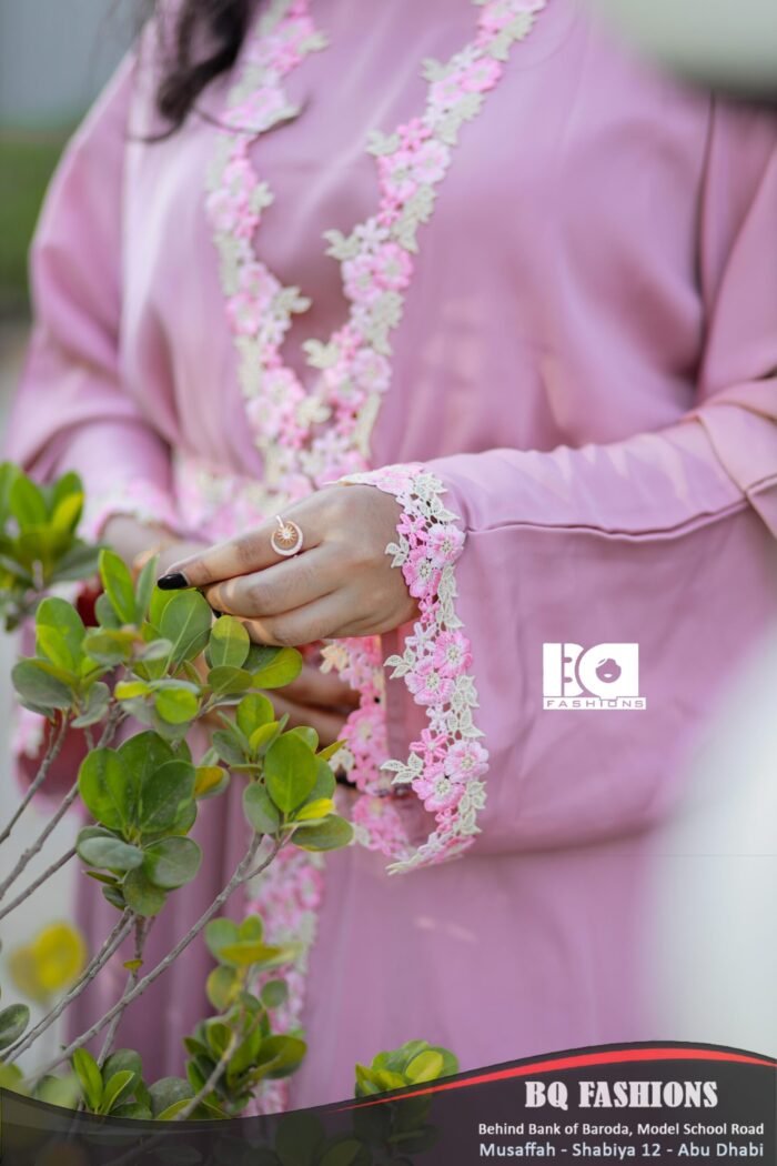 Rose Blossom Embroidered Abaya - Women's pink modest Islamic dress with delicate floral embroidery and flowing sleeves"
