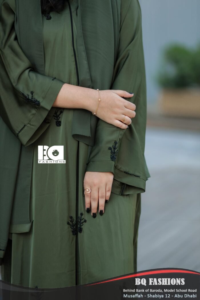 Forest Green Embroidered Abaya - Women's olive green modest Islamic dress with delicate embroidered details and flowing design