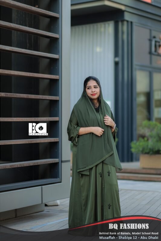 Forest Green Embroidered Abaya - Women's olive green modest Islamic dress with delicate embroidered details and flowing design