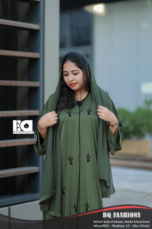 Forest Green Embroidered Abaya - Women's olive green modest Islamic dress with delicate embroidered details and flowing design