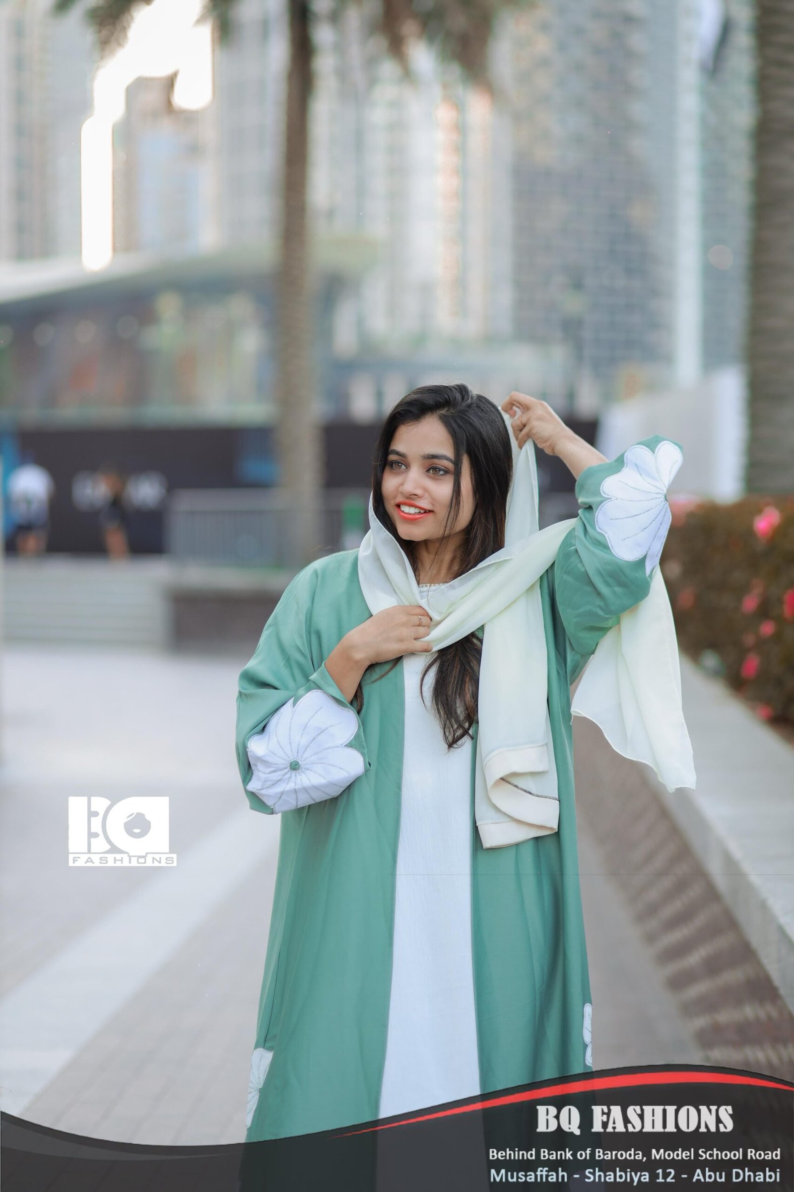 Mint Blossom Floral Abaya - Women's mint green modest Islamic dress with white floral print and flowing silhouette
