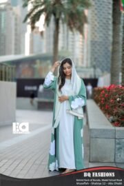 Mint Blossom Floral Abaya - Women's mint green modest Islamic dress with white floral print and flowing silhouette