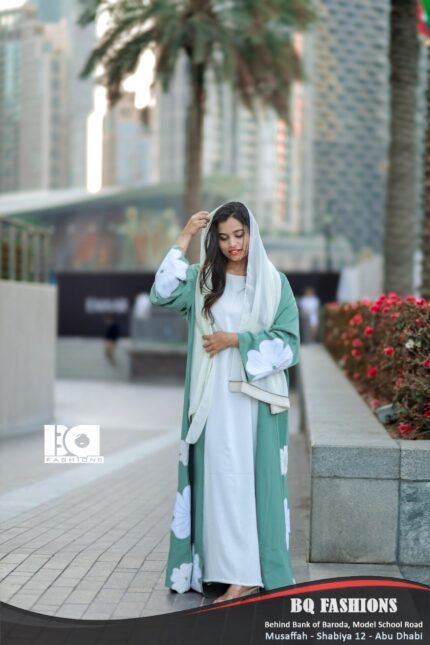 Mint Blossom Floral Abaya - Women's mint green modest Islamic dress with white floral print and flowing silhouette