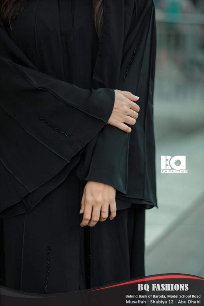 Black Pleated Drawstring Abaya - Modern modest dress with pleated skirt and adjustable waist tie