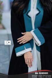 Teal Contrast Trim Abaya - Black modest dress with teal blue trim detailing and open front design