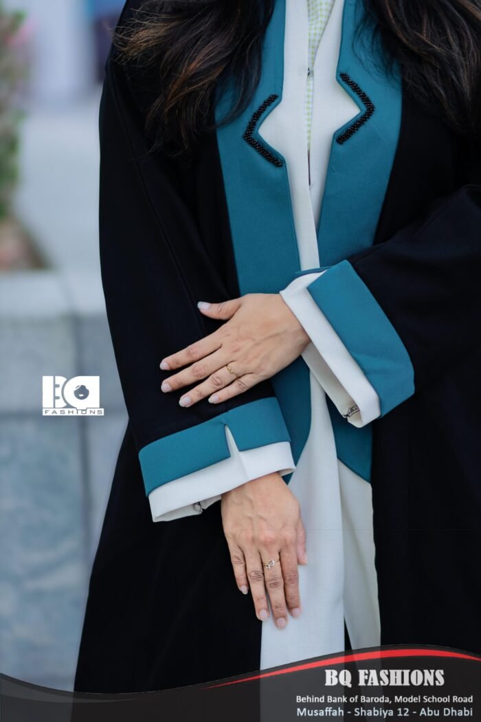 Teal Contrast Trim Abaya - Black modest dress with teal blue trim detailing and open front design
