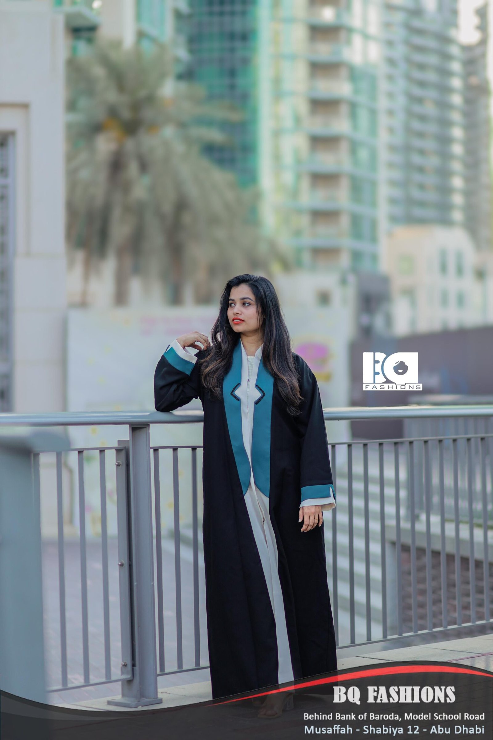 Teal Contrast Trim Abaya - Black modest dress with teal blue trim detailing and open front design