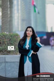 Teal Contrast Trim Abaya - Black modest dress with teal blue trim detailing and open front design