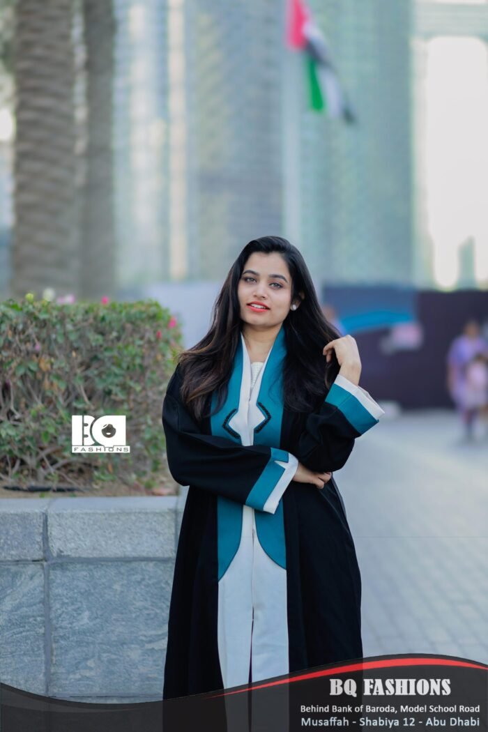 Teal Contrast Trim Abaya - Black modest dress with teal blue trim detailing and open front design