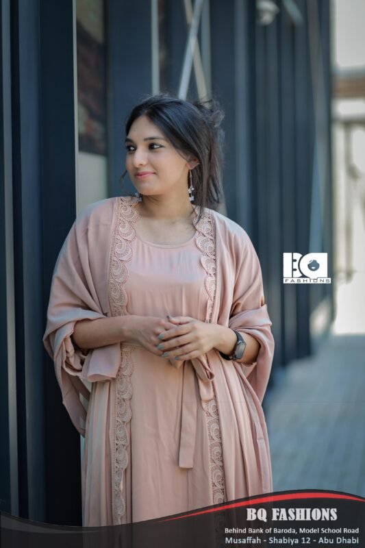 Dusty Rose Lace Trim Abaya - Pink modest dress with delicate lace detailing and tie-waist belt