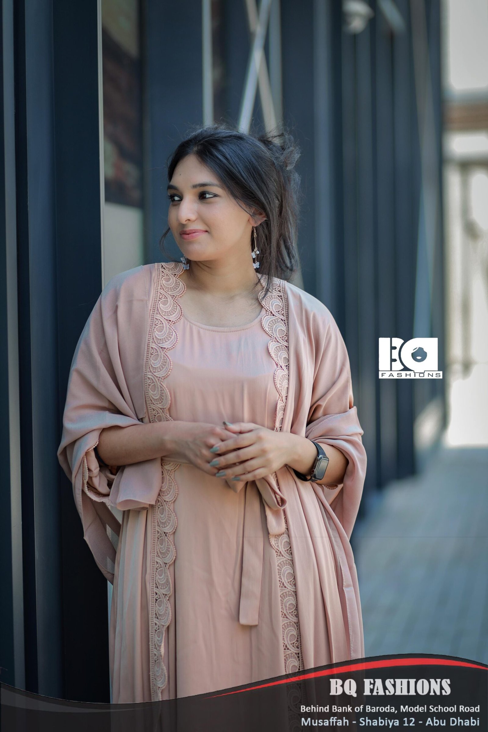Dusty Rose Lace Trim Abaya - Pink modest dress with delicate lace detailing and tie-waist belt