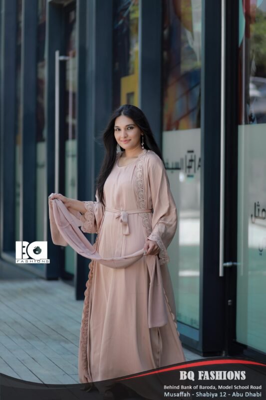 Dusty Rose Lace Trim Abaya - Pink modest dress with delicate lace detailing and tie-waist belt
