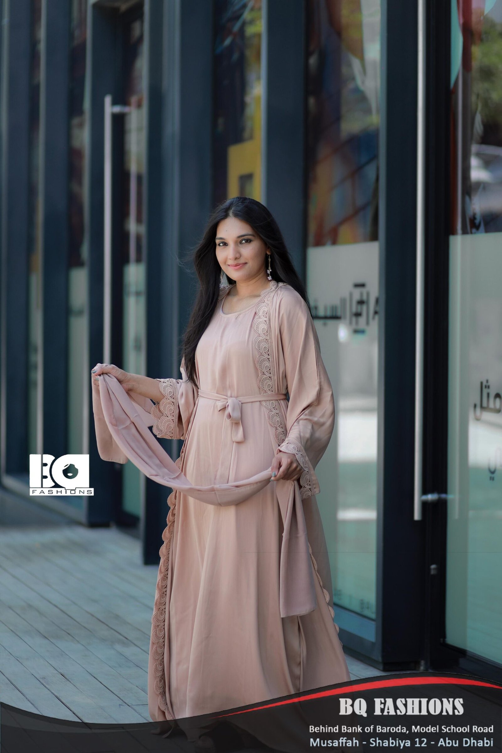 Dusty Rose Lace Trim Abaya - Pink modest dress with delicate lace detailing and tie-waist belt