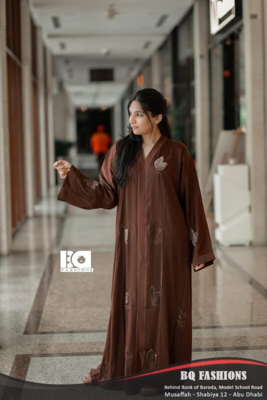 Chocolate Brown Paisley Embroidered Abaya - Traditional embroidered modest dress with paisley motifs