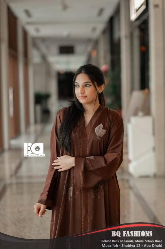 Chocolate Brown Paisley Embroidered Abaya - Traditional embroidered modest dress with paisley motifs