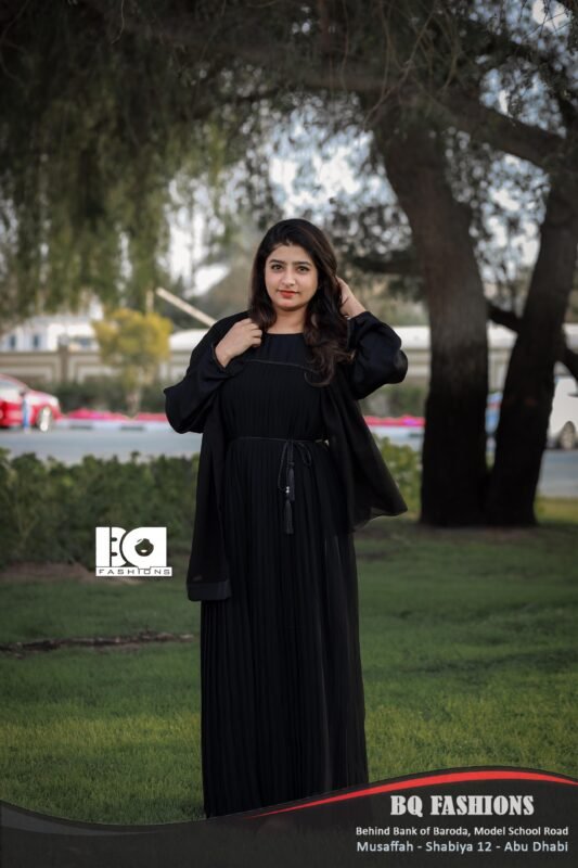 Black Pleated Drawstring Abaya - Modern modest dress with pleated skirt and adjustable waist tie