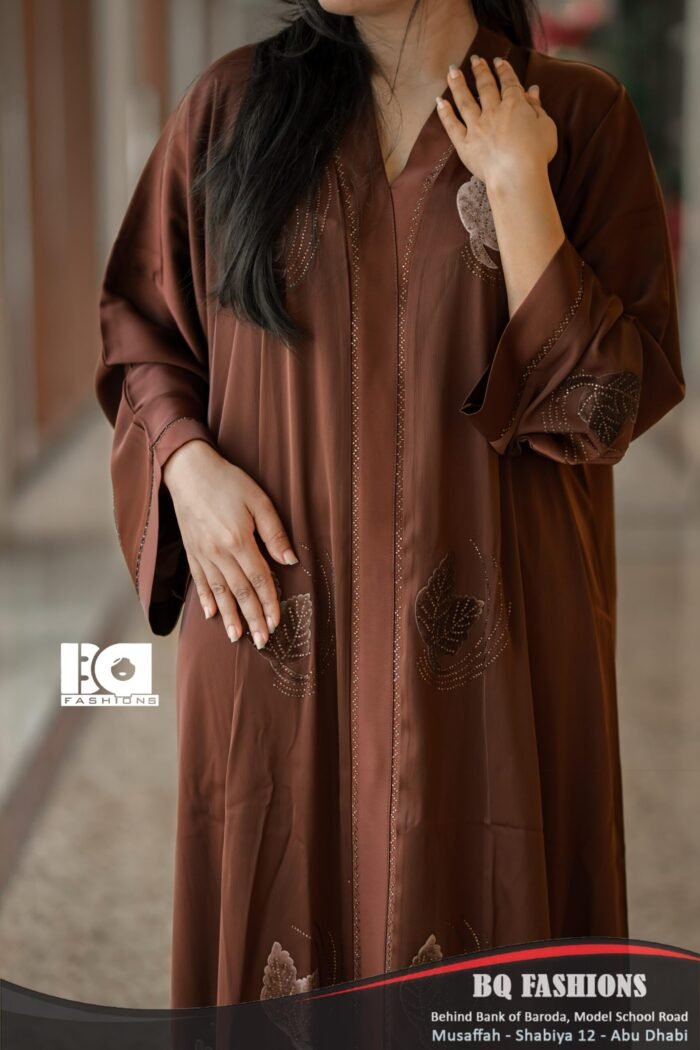 Chocolate Brown Paisley Embroidered Abaya - Image 3