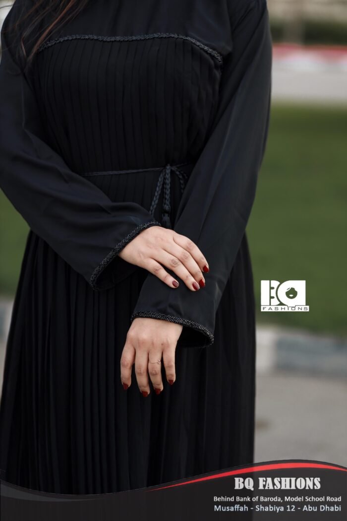 Black Pleated Drawstring Abaya - Modern modest dress with pleated skirt and adjustable waist tie