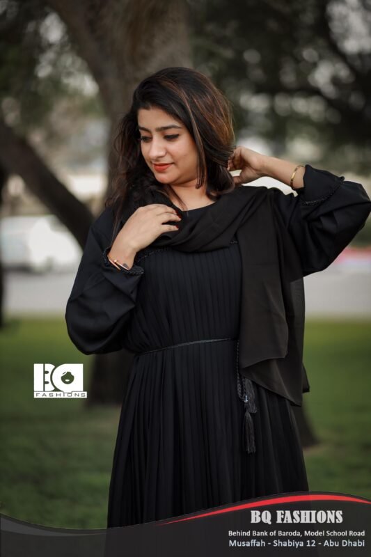 Black Pleated Drawstring Abaya - Modern modest dress with pleated skirt and adjustable waist tie