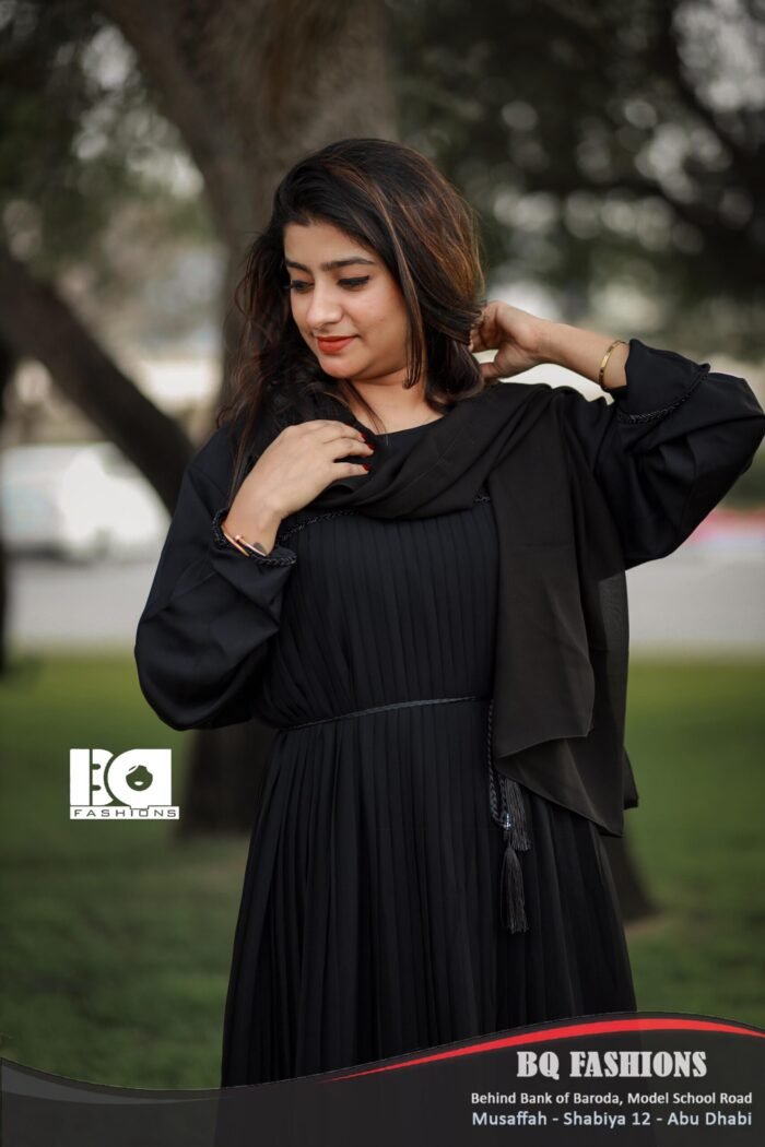 Black Pleated Drawstring Abaya - Modern modest dress with pleated skirt and adjustable waist tie