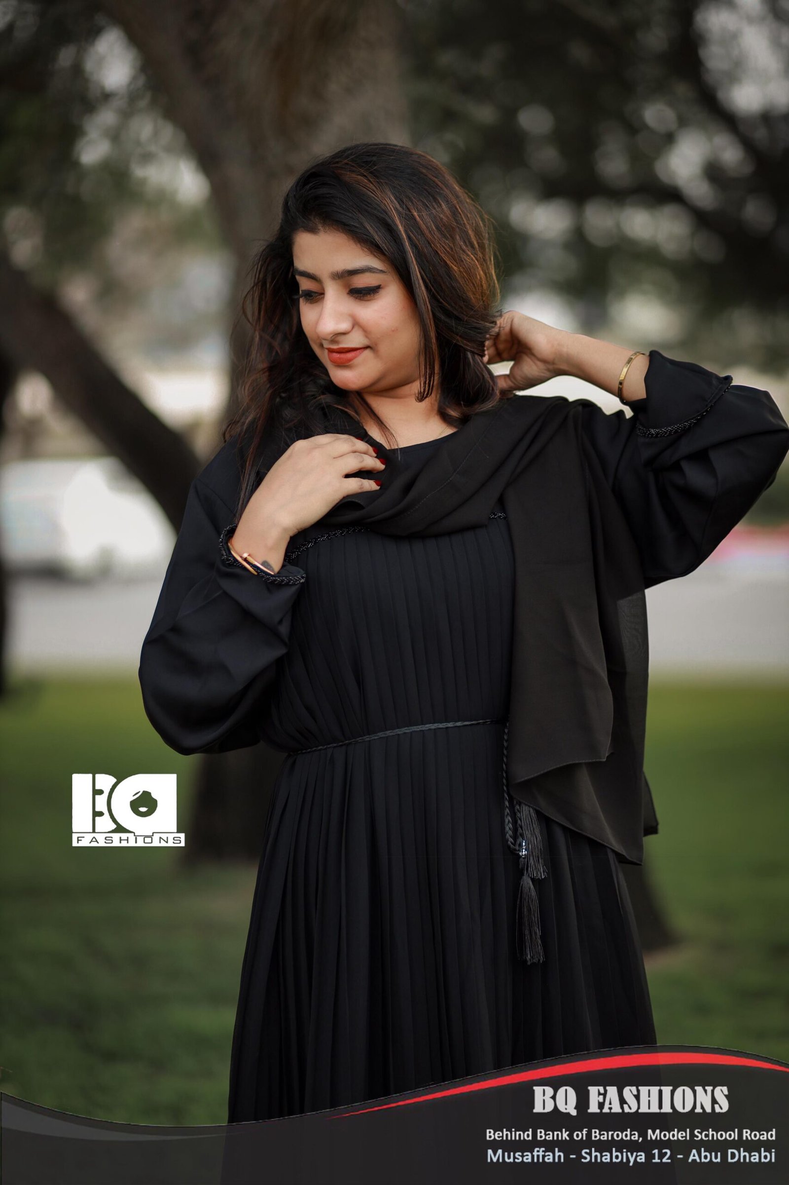 Black Pleated Drawstring Abaya - Modern modest dress with pleated skirt and adjustable waist tie