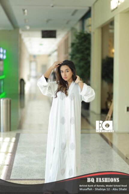 White Feather Print Abaya - Elegant white modest dress with gray feather motifs and flowing silhouette