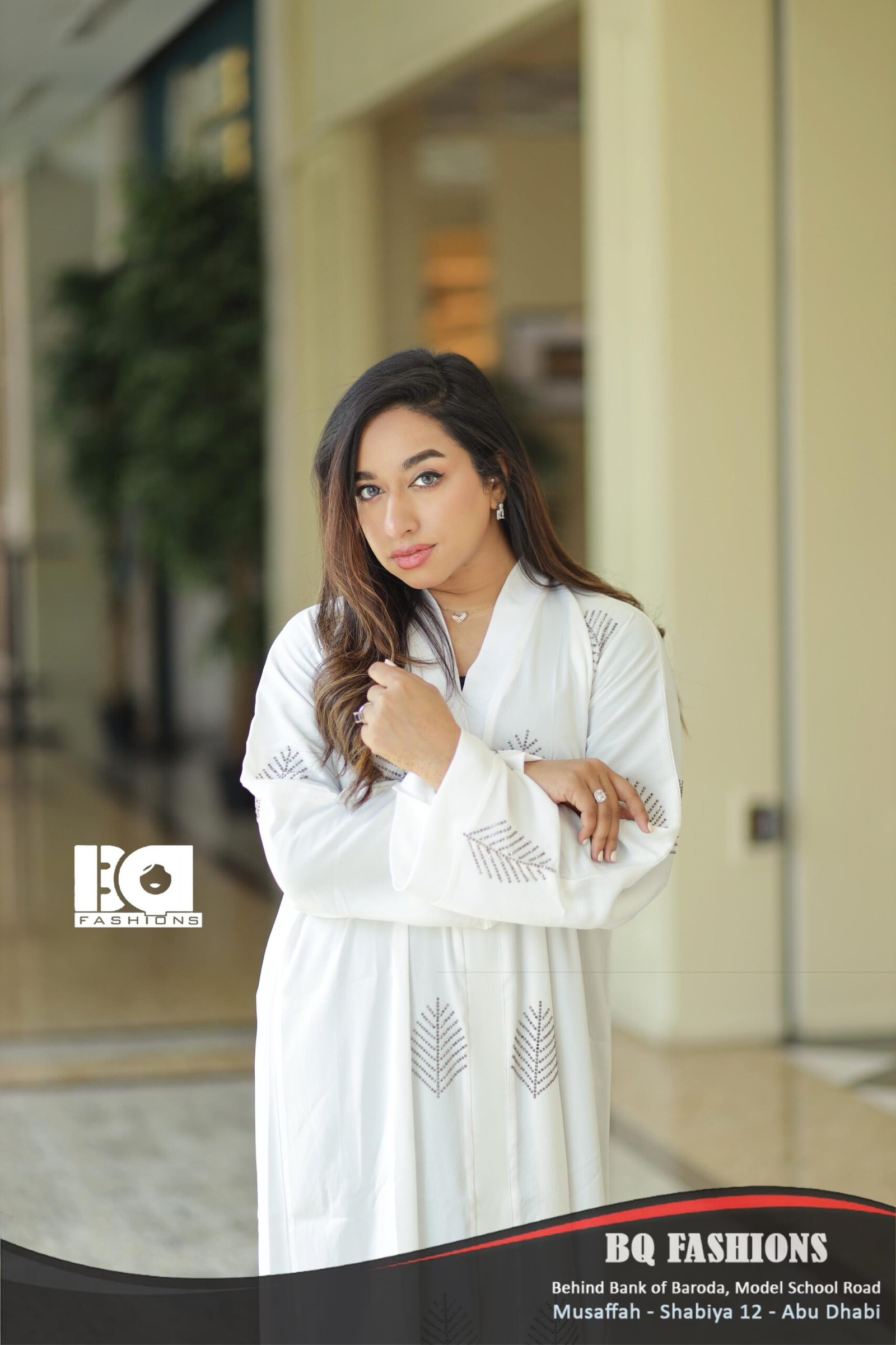 White Feather Print Abaya - Elegant white modest dress with gray feather motifs and flowing silhouette