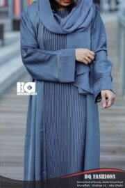 Steel Blue Pleated Front Abaya with Hijab - Contemporary modest dress with vertical pleating and coordinating headscarf
