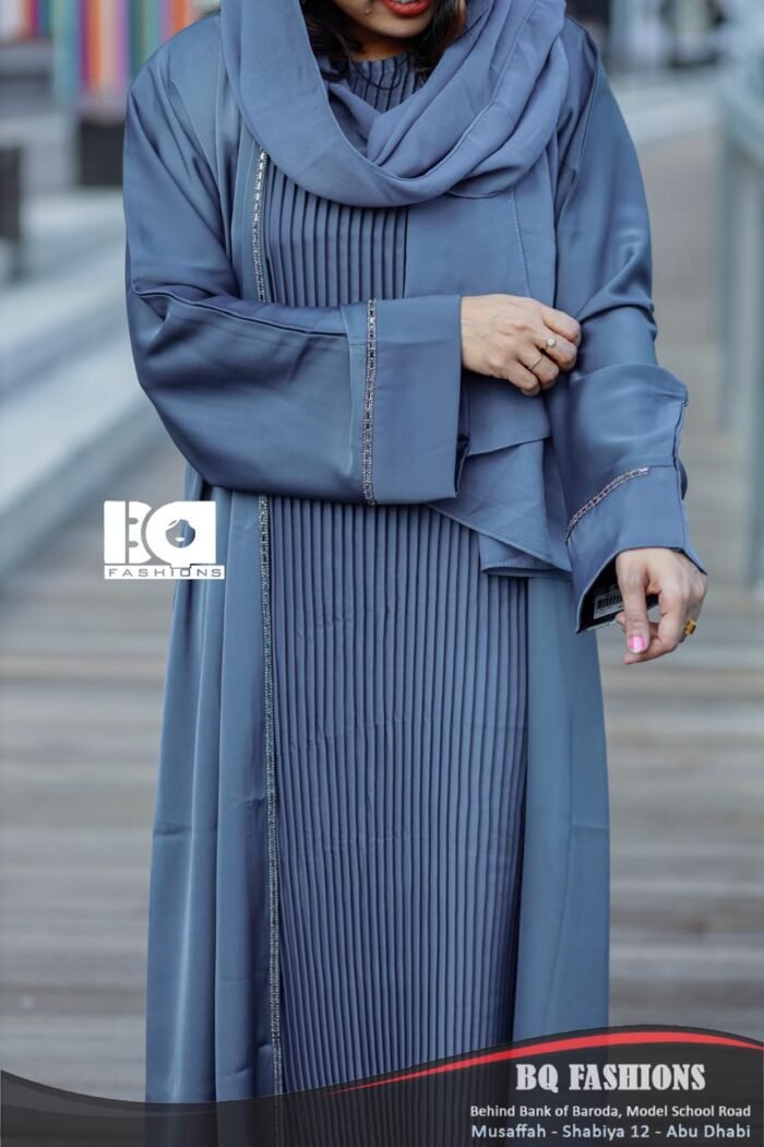 Steel Blue Pleated Front Abaya with Hijab - Contemporary modest dress with vertical pleating and coordinating headscarf