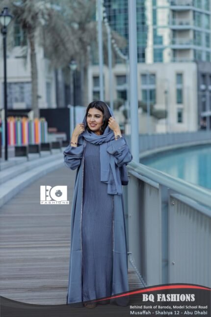 Steel Blue Pleated Front Abaya with Hijab - Contemporary modest dress with vertical pleating and coordinating headscarf