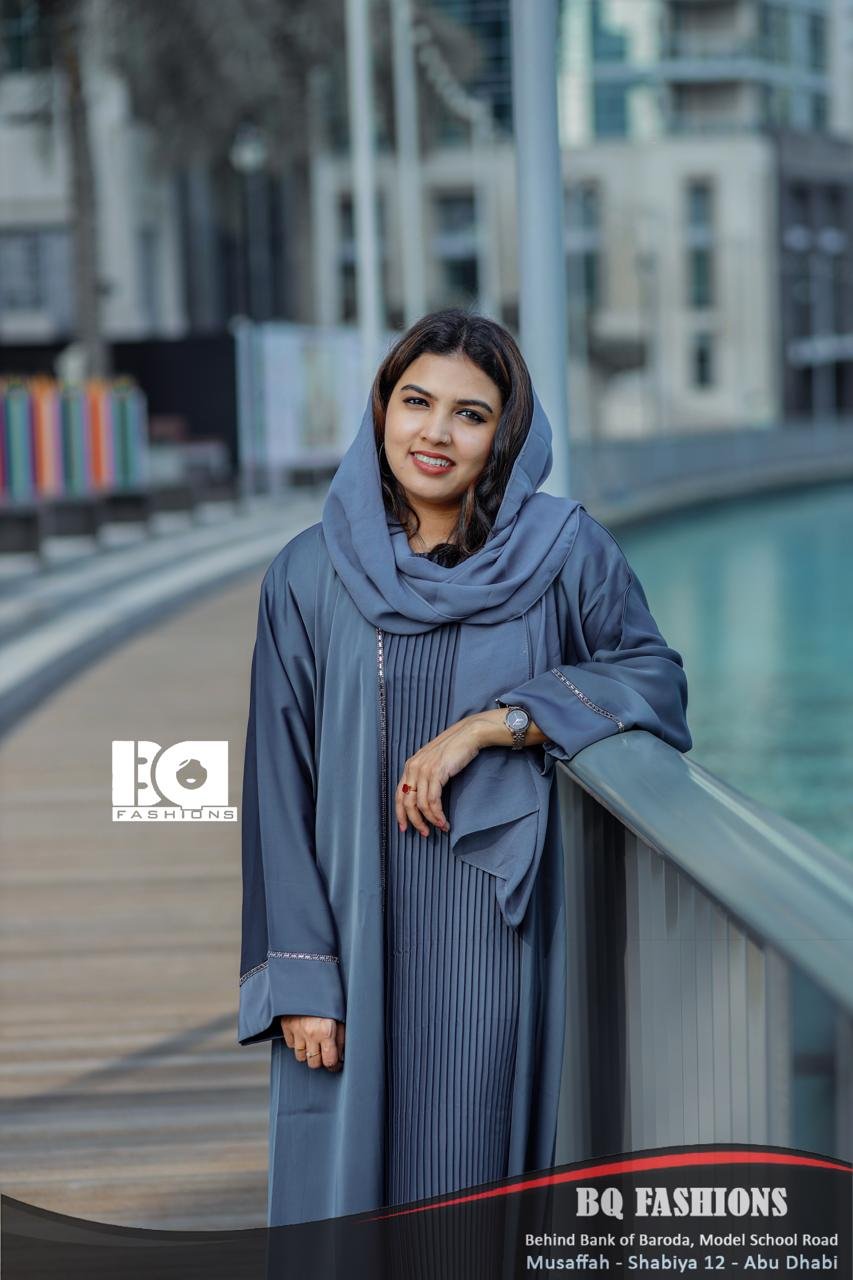 Steel Blue Pleated Front Abaya with Hijab - Contemporary modest dress with vertical pleating and coordinating headscarf