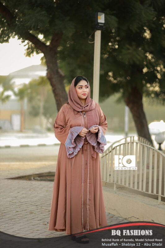 Dusty Rose Ruffled Sleeve Zip-Front Abaya - Women's pink modest Islamic dress with dramatic ruffle sleeves and front zipper detail