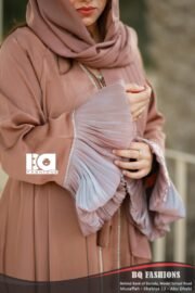 Dusty Rose Ruffled Sleeve Zip-Front Abaya - Women's pink modest Islamic dress with dramatic ruffle sleeves and front zipper detail