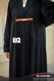 Black Pleated Belted Abaya - Women's black modest Islamic dress with pleated hem details and contrasting brown leather belt