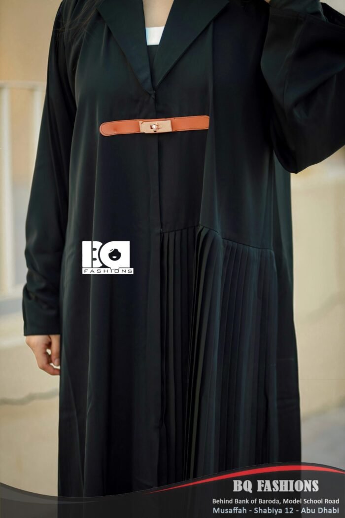 Black Pleated Belted Abaya - Women's black modest Islamic dress with pleated hem details and contrasting brown leather belt
