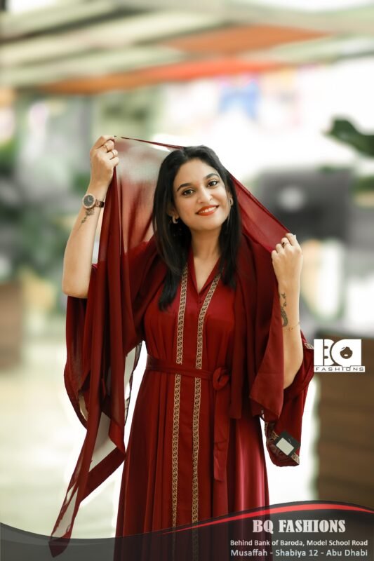 Burgundy Gold-Detailed Kaftan Abaya - Women's deep red modest Islamic dress with gold embroidered detailing and flowing kaftan style