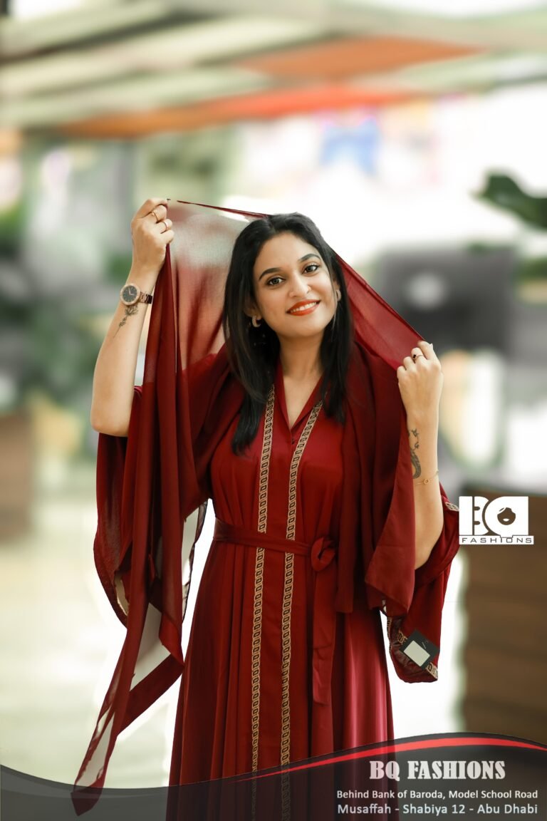 Burgundy Gold-Detailed Kaftan Abaya - Women's deep red modest Islamic dress with gold embroidered detailing and flowing kaftan style