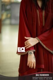 Burgundy Gold-Detailed Kaftan Abaya - Women's deep red modest Islamic dress with gold embroidered detailing and flowing kaftan style