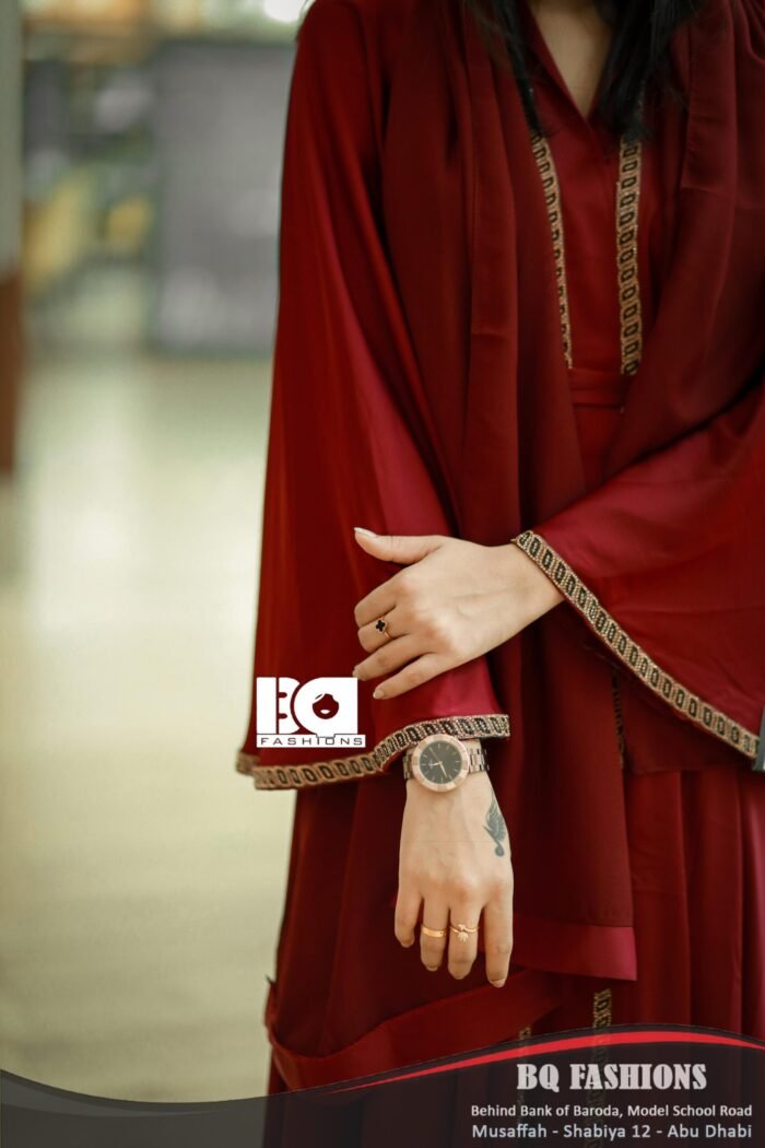 Burgundy Gold-Detailed Kaftan Abaya - Women's deep red modest Islamic dress with gold embroidered detailing and flowing kaftan style