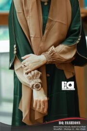 Green and Tan Button-Front Overcoat Abaya - Women's emerald green overcoat with tan base modest Islamic dress featuring button details