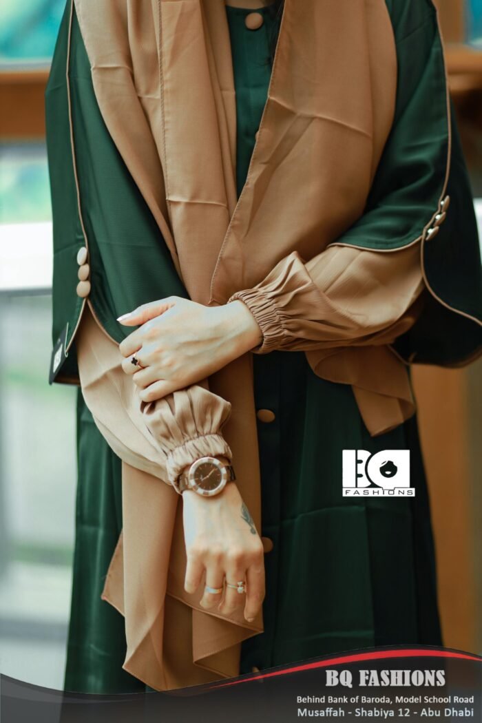 Green and Tan Button-Front Overcoat Abaya - Women's emerald green overcoat with tan base modest Islamic dress featuring button details