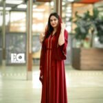 Burgundy Gold-Detailed Kaftan Abaya - Women's deep red modest Islamic dress with gold embroidered detailing and flowing kaftan style