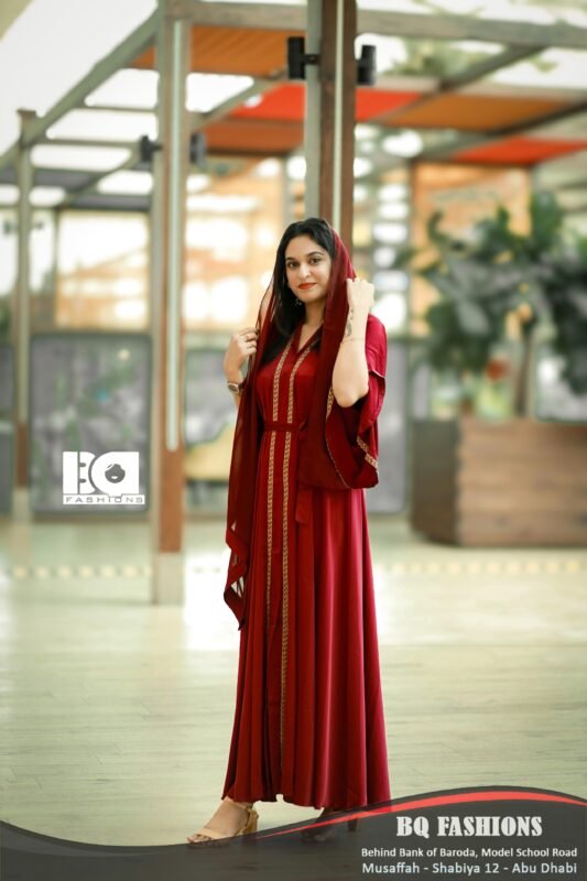 Burgundy Gold-Detailed Kaftan Abaya - Women's deep red modest Islamic dress with gold embroidered detailing and flowing kaftan style