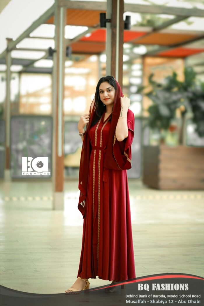 Burgundy Gold-Detailed Kaftan Abaya - Women's deep red modest Islamic dress with gold embroidered detailing and flowing kaftan style