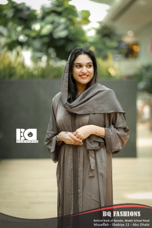 Taupe Sequined Overcoat Abaya - Women's neutral brown overcoat modest Islamic dress with sequin embellishments and layered design