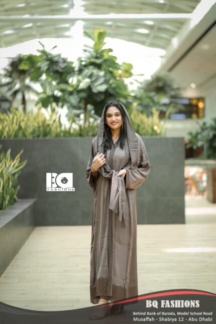 Taupe Sequined Overcoat Abaya - Women's neutral brown overcoat modest Islamic dress with sequin embellishments and layered design
