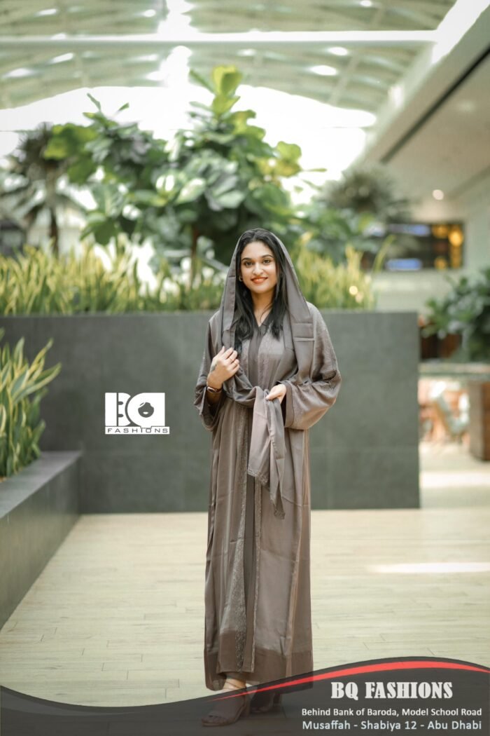 Taupe Sequined Overcoat Abaya - Women's neutral brown overcoat modest Islamic dress with sequin embellishments and layered design