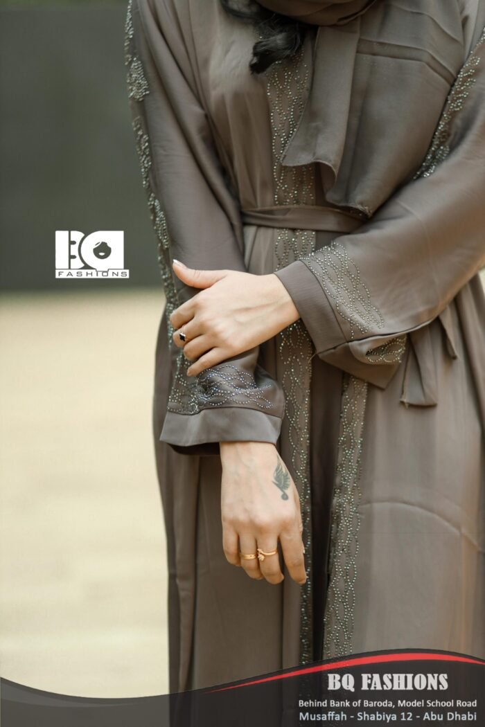 Taupe Sequined Overcoat Abaya - Women's neutral brown overcoat modest Islamic dress with sequin embellishments and layered design